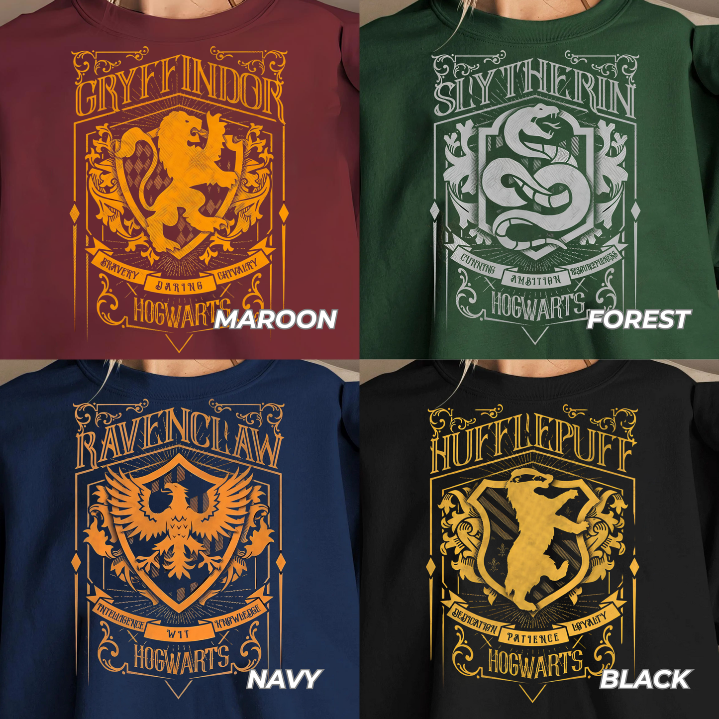Hogwarts House T Shirt – Gryffindor Slytherin Ravenclaw Hufflepuff Tee | Vintage Wizard Crest